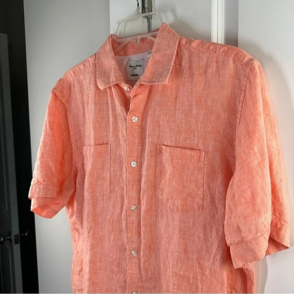 Baird McNutt Linen Short Sleeve Button Down Peach Sz Large Classic Breezy Beach - Picture 6 of 12